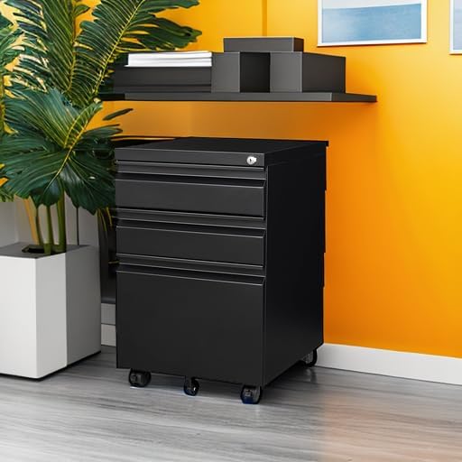SISESOL 3 Drawer Mobile File Cabinet with Lock,Black Under Desk File Cabinets with Wheels,Rolling Metal Filing Cabinet for Home Office,Fit Legal/Letter/a4 File,Fully Assembled Except Caster