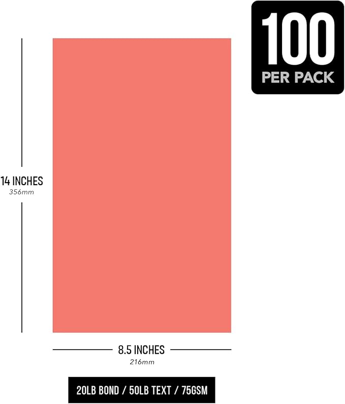 Salmon Pastel Colored Menu Paper - 8.5" x 14" (Legal Size) - For Documents, Announcements, Menus Arts and Crafts | Bulk Pack of 100 Sheets