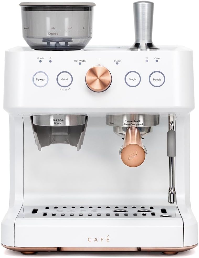 Café Bellissimo Semi Automatic Espresso Machine + Milk Frother | WiFi Connected, Smart Home Kitchen Essentials | Built-In Bean Grinder, 15-Bar Pump & 95-Ounce Water Reservoir | Matte White