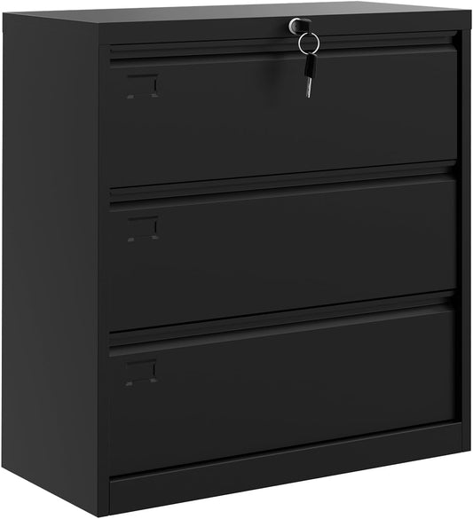 3 Drawer Lateral File Cabinet, Metal Filing Cabinet with Lock & Keys, Fit Letter/Legal/A4 Size Documents, Easy to Assemble for Home Office & Workspaces, Black