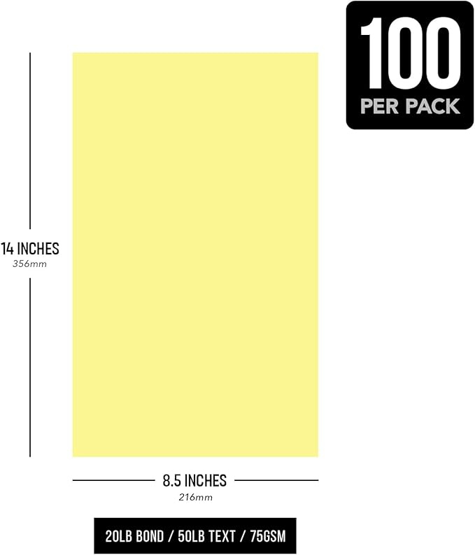 Canary Pastel Colored Menu Paper - 8.5" x 14" (Legal Size) - for Documents, Announcements, Menus Arts and Crafts | Regular 20lb Bond Paper for Copy, Writing and Printing | Bulk Pack of 100 Sheets