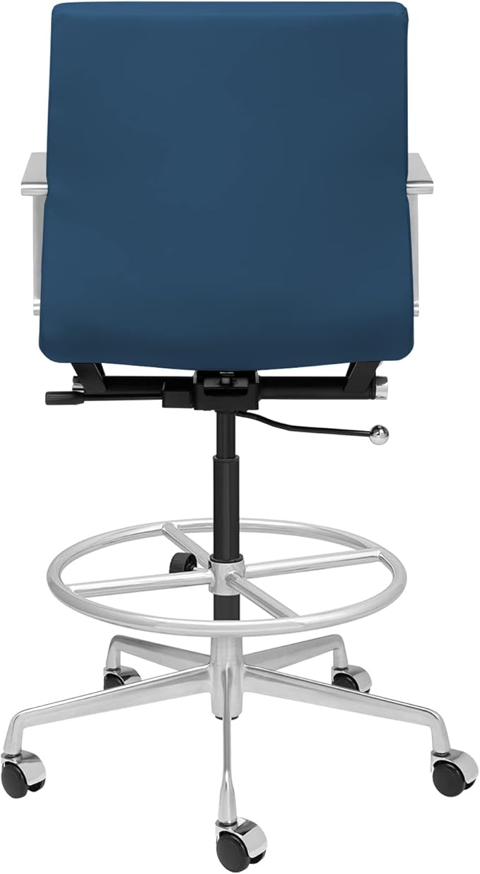 Laura Davidson Furniture SOHO II Ribbed Drafting Chair for Standing Desks, Standing Desk Chair - Ergonomically Designed, Commercial Grade Draft Height, Arm Rest & Cushion, Made of Faux Leather, Blue