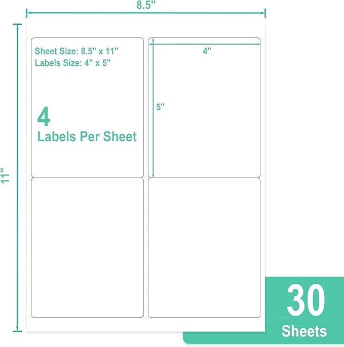 L LIKED 4" x 5" Printable 120 Labels White Matte Shipping Address Labels Stickers for Laser/Inkjet Printer (30 Sheets)