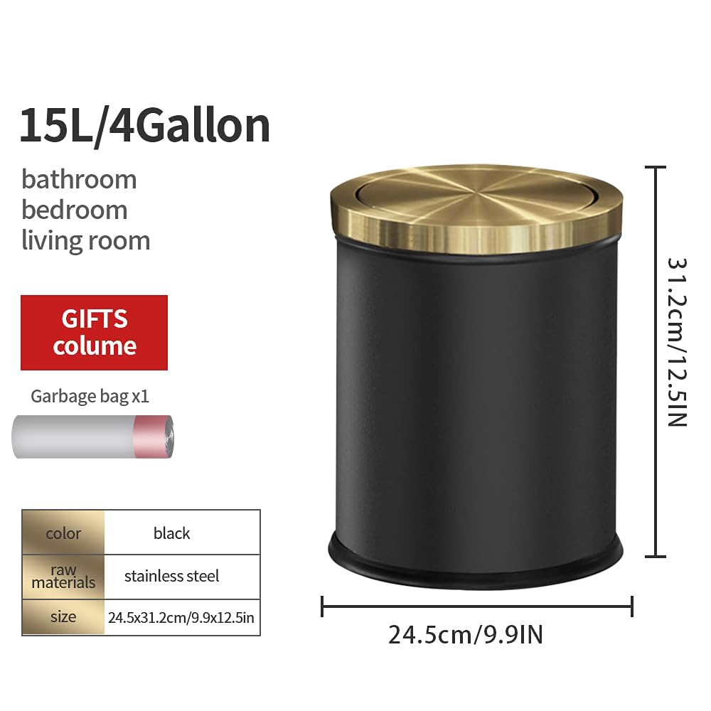 4GAL Bathroom Trash Can with Lid, Small Trash Can with Bronze lid,Black and Gold Waste Basket for Bathroom,Kitchen,Living Room,Hotel,Office (Black)