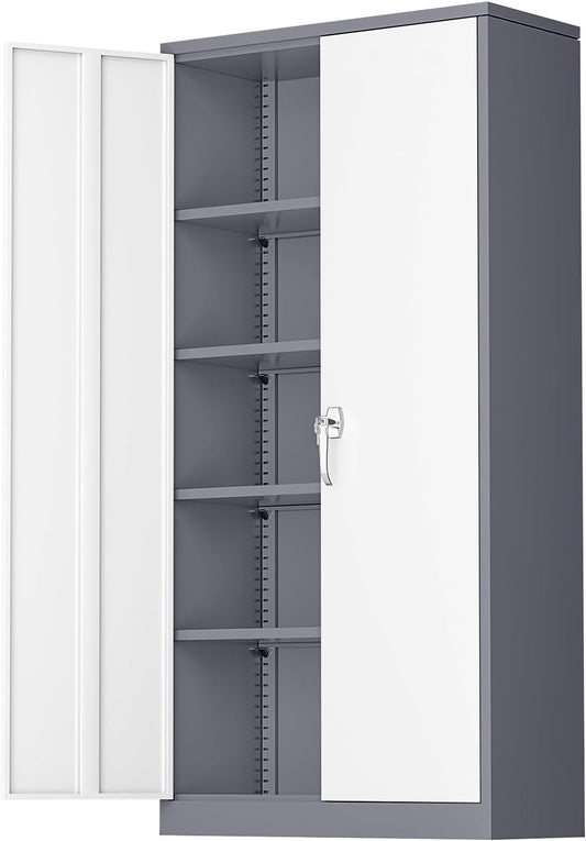 Greenvelly Metal Garage Storage Cabinet, Locking Steel Cabinet with 2 Doors and 4 Adjustable Shelves, Metal Tool Cabinets, Lockable File Cabinet for Home Office, Garage, School (Gray White)