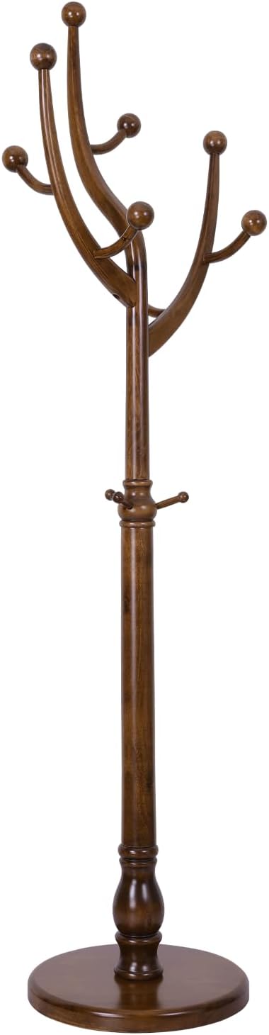 Wood Coat Rack Coat Tree Freestanding with Hooks, Heavy Duty Standing Coat Rack with Solid Round Base, 74” Tree Shaped Coat Hanger Stand for Clothes, Hat, Jacket, Entryway Bedroom, Walnut