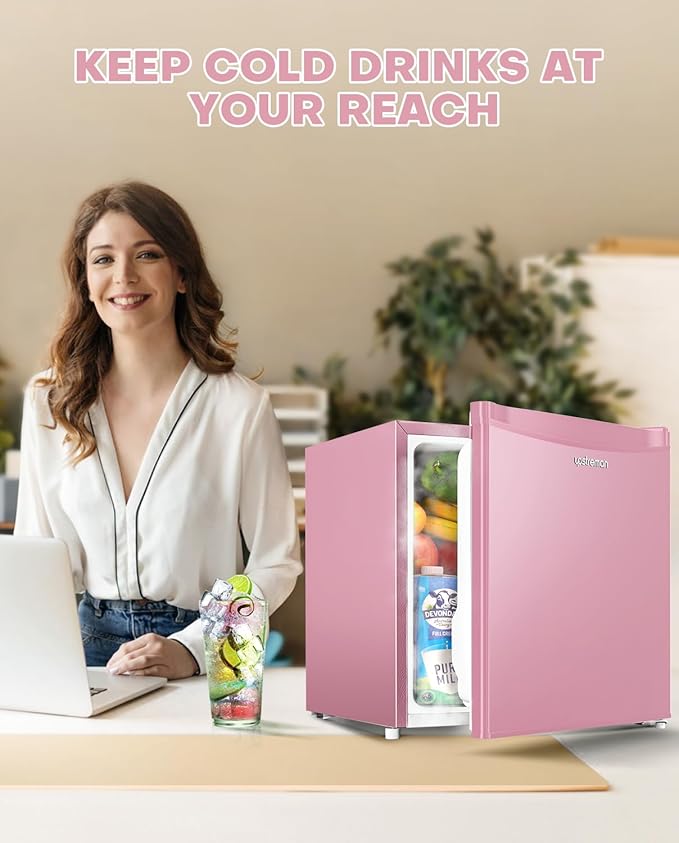 Upstreman 1.7 Cu.ft Mini Fridge with Freezer, Dorm Essentials, Adjustable Thermostat, Energy Saving, Low Noise, Single Door Compact Refrigerator for Dorm, Office, Bedroom, Pink-FR17