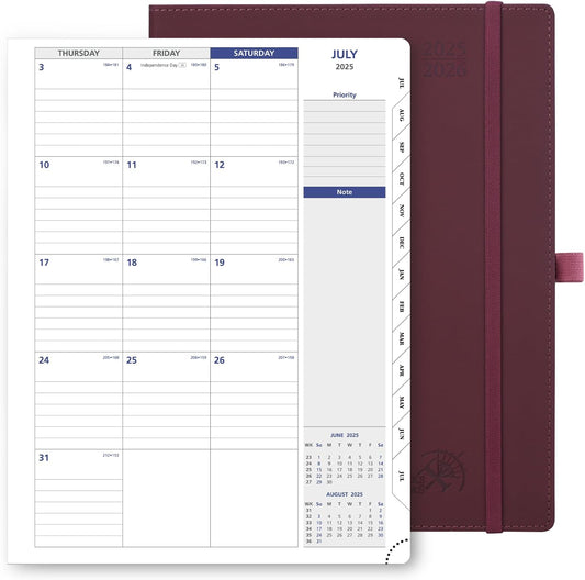 POPRUN Monthly Planner 2025-2026, 8.5'' x 11.25'', 13-Monthly Calendar (July 2025-July 2026) 15-Minute Hourly Appointment Book with Stair Tabs, Soft Cover, 100GSM Paper - Claret