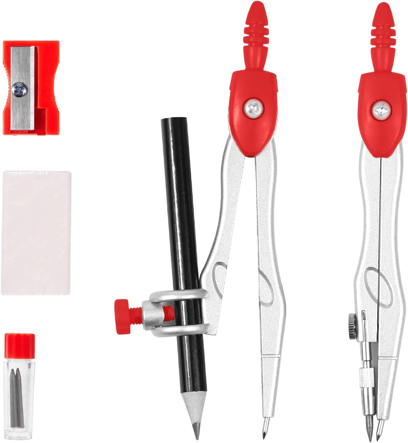 10 Pieces Math Geometry Kit Set Student Supplies with Shatterproof Storage Box,Includes Rulers,Protractor,Compass,Eraser,Pencil Sharpener,Lead Refills,Pencil,for School and Drawings(Red)