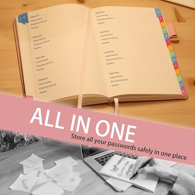 Password Keeper Book with Colorful Alphabetical Tabs, Hardcover Log Book for Internet Password and Website Address, Personal Organizer with Notes Section and Back Pocket and Two Bookmarks (Pink)