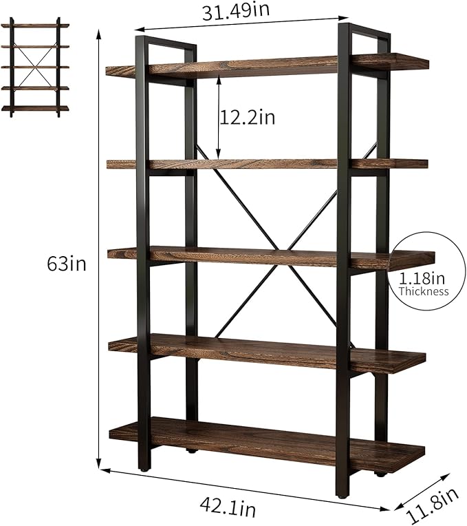 5-Tier Industrial Style Solid Wood Bookcase and Book Shelves,Rustic Wood and Metal Shelving Unit, Living Room,Modern Rustic Open Industrial Book Shelf Office,Distressed Brown (AY-02-5Tier)