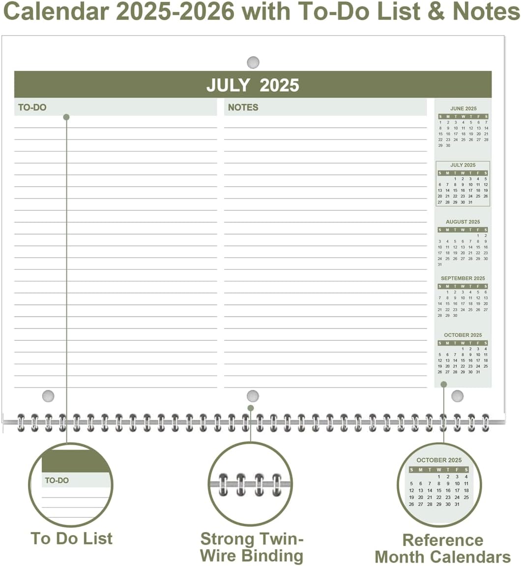 Calendar 2025-2026 for 3 Ring Binder - Calendar 2025-2026 from July 2025 - December 2026, 18 Months Calendar with Premium Paper, 3-Hole Wall Calendar, 8.5" x 11", Green
