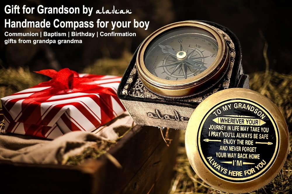 Gift for Grandson Brass Compass Engraved Quote | Memory Present to My Grandson Birthday, Baptism, Graduation, Confirmation, Love, Gift idea by Grandpa Grandma