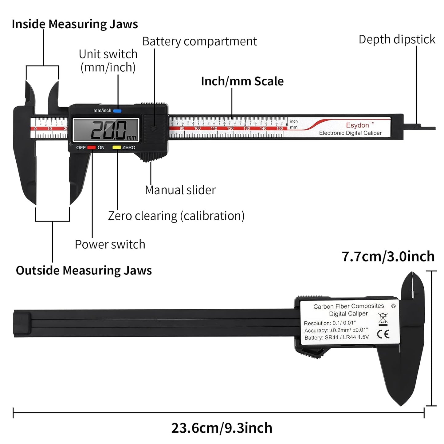 Digital Caliper, Esydon Upgraded Calipers 6 inch, Measuring Tool, Electronic Ruler, with Large LCD Screen, Auto-Off Feature, Inch and Millimeter Conversion, Plastic Case, Perfect for Household, DIY