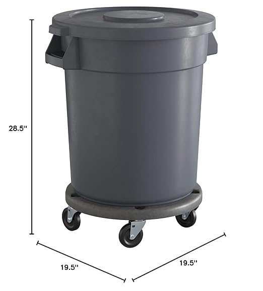 20 Gallon Gray Round Commercial Trash Can with Lid and Dolly