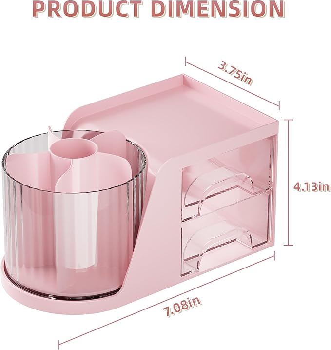 Marbrasse Desk Organizer with 2 Drawer, 360°Rotating Pen Holder for Desk, Desk Organizers and Accessories with 6 Slots Pencil Organizer + 2 Drawer, Art Supply Storage Box Caddy for Office (Pink)