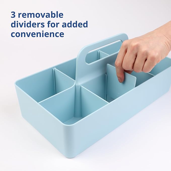 BLUE GINKGO Stackable Organizer Caddy – Korean-Made Portable Tote for Bathroom, Office, Crafts, or School Supplies (Long Rectangle, Blue)