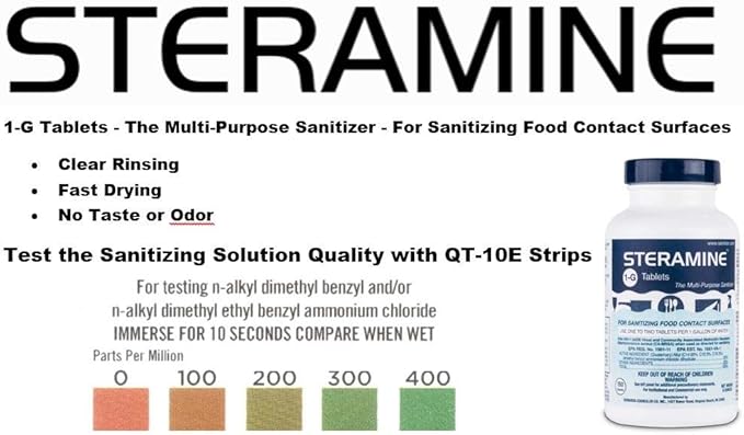 Pack of 4 (600 Tab) Steramine Sanitizing Tablets w/ 30x QT-10 Test Strips by FryOilSaver Co., Steramine Multi Purpose Contact Solution Sanitizer Tablets for Gym, Hotel, Bar, Restaurants & Food Service