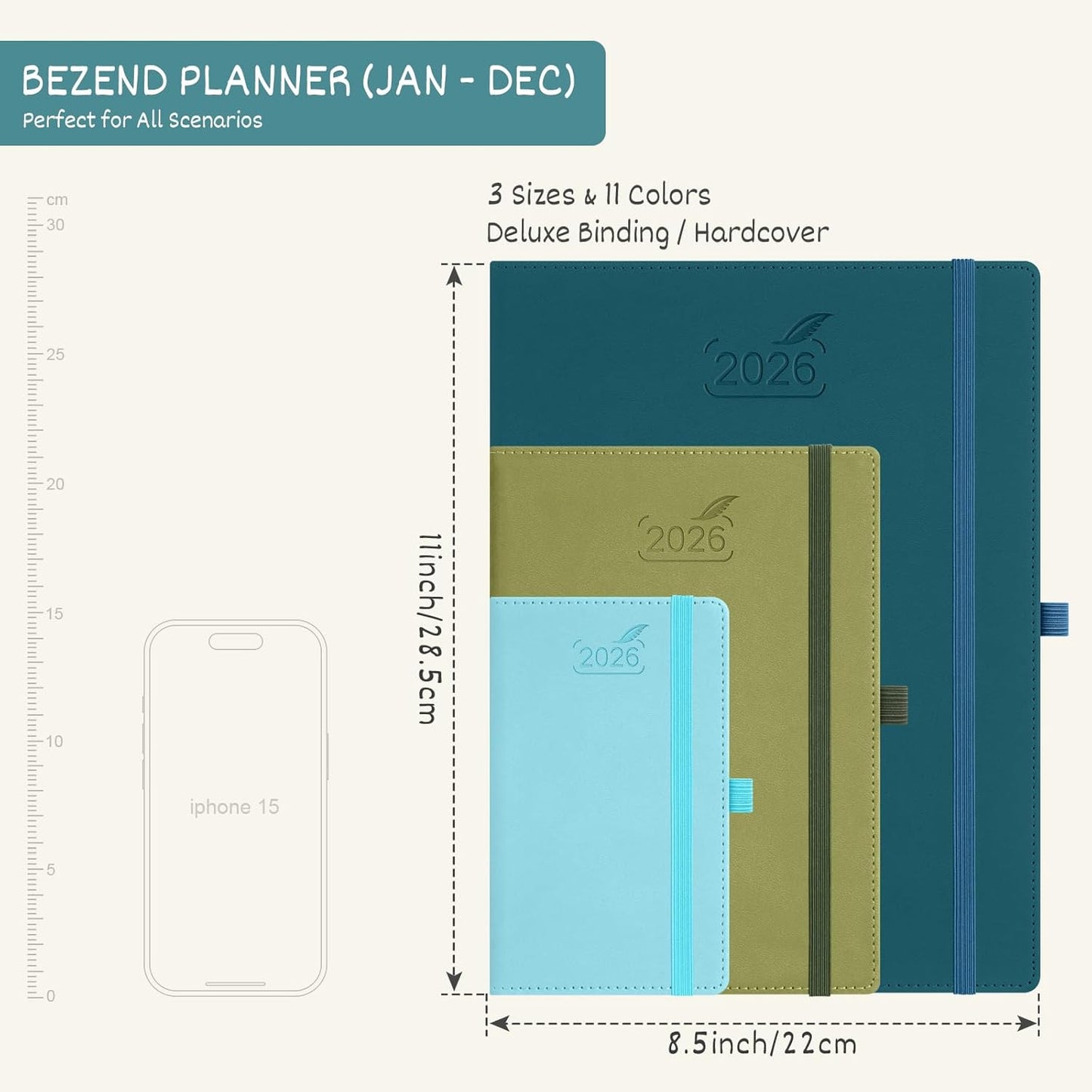 BEZEND 2026 Planner Weekly and Monthly (8.5" x 11") Daily Calendar with Half-Hourly Timeslots & Tab (Jan-Dec) Note & Expenses, Pen Holder, Inner Pocket, Vegan Leather Hardcover - Dark Green