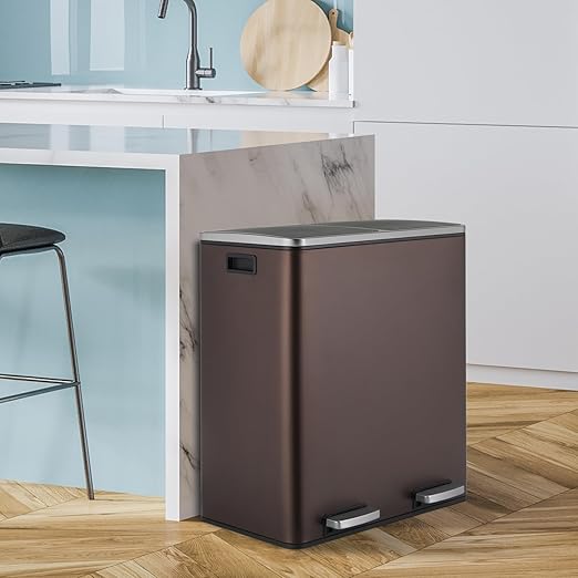 16 Gallon Rectangular Stainless Steel Trash Can, Dual Compartment Garbage Bin with Recycling Combo, Metal Dustbin Lid, Removable Liner, Indoor Hands Free Waste Bucket for Kitchen Home