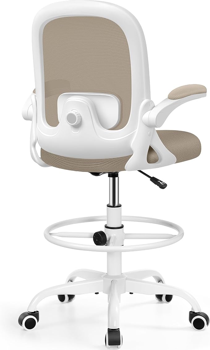 Drafting Chair, Tall Office Chair Ergonomic Standing Desk Chair,with Adjustable Footrest Ring, 3D Lumbar Support, Flip-up Armrests, Swivel Desk Stool for Drawing Working (Khaki)