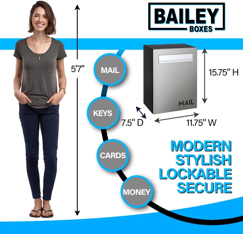 Wall-Mounted Modern Locking Mailbox from Bailey Boxes: Enhance Your Home with The Franklin - 15.75" H x 11.75" W x 7.5" D. Elevate Your Space with This Stylish and Secure Addition.