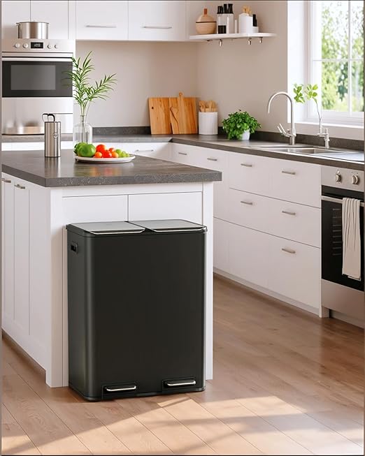 TLSUNNY Kitchen Dual Trash Can, 60L Hands-Free Stainless Steel Garbage Can, Classified Rubbish Bin with Double Compartments, Soft-Close Lid, Inner Bucket, Odor Control (60L) (Black)