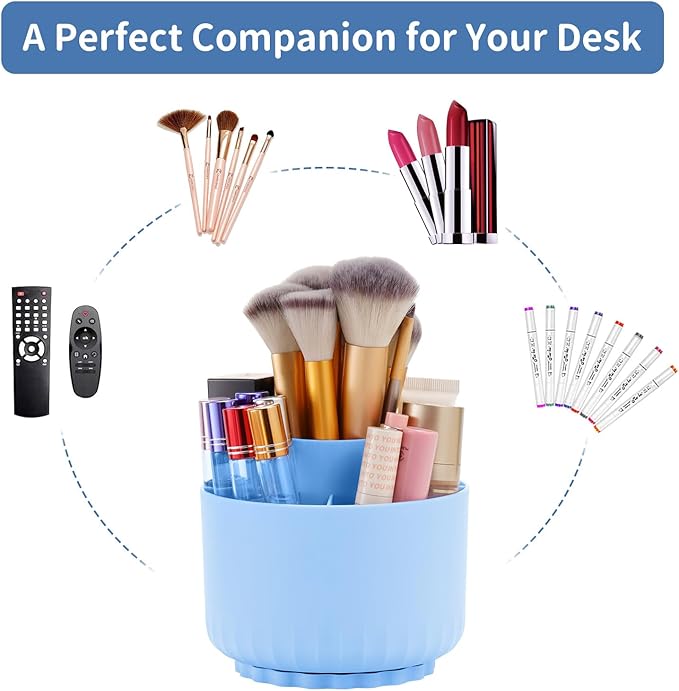 Marbrasse 360-Degree Rotating Pen Pencil Holder, Desk Organizer with 5 Compartments, Art Supply Storage Box Caddy (Sapphire Blue)