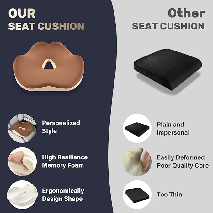 Coverado Car Seat Cushion, Memory Foam Office Chair Cushion for Car, Everlasting Comfort Sciatica & Hip & Tailbone Pain Relief Cushion for Long Sitting Driver Office Worker-Beige