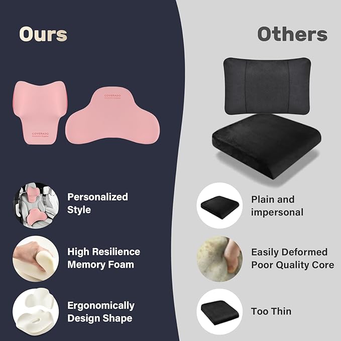 Coverado Lumbar Support and Car Neck Pillow, Ergonomic Memory Foam Desk Chair Cushion and Headrest Pillow for Car Office Chair, Sciatica & Neck & Tailbone Cushion-Pink