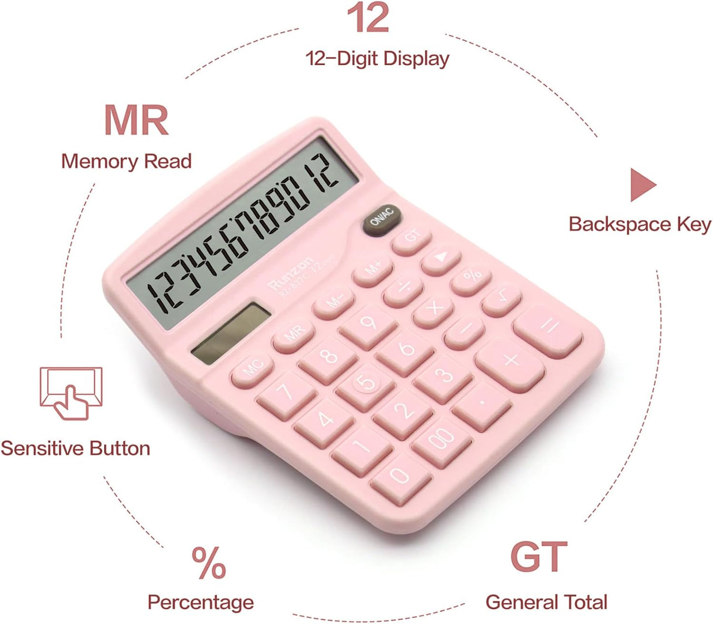 Basic Office Desktop Calculator - 12 Digit Large LCD Display, Sensitive Buttons for Pink Office Supplies and School Supplies