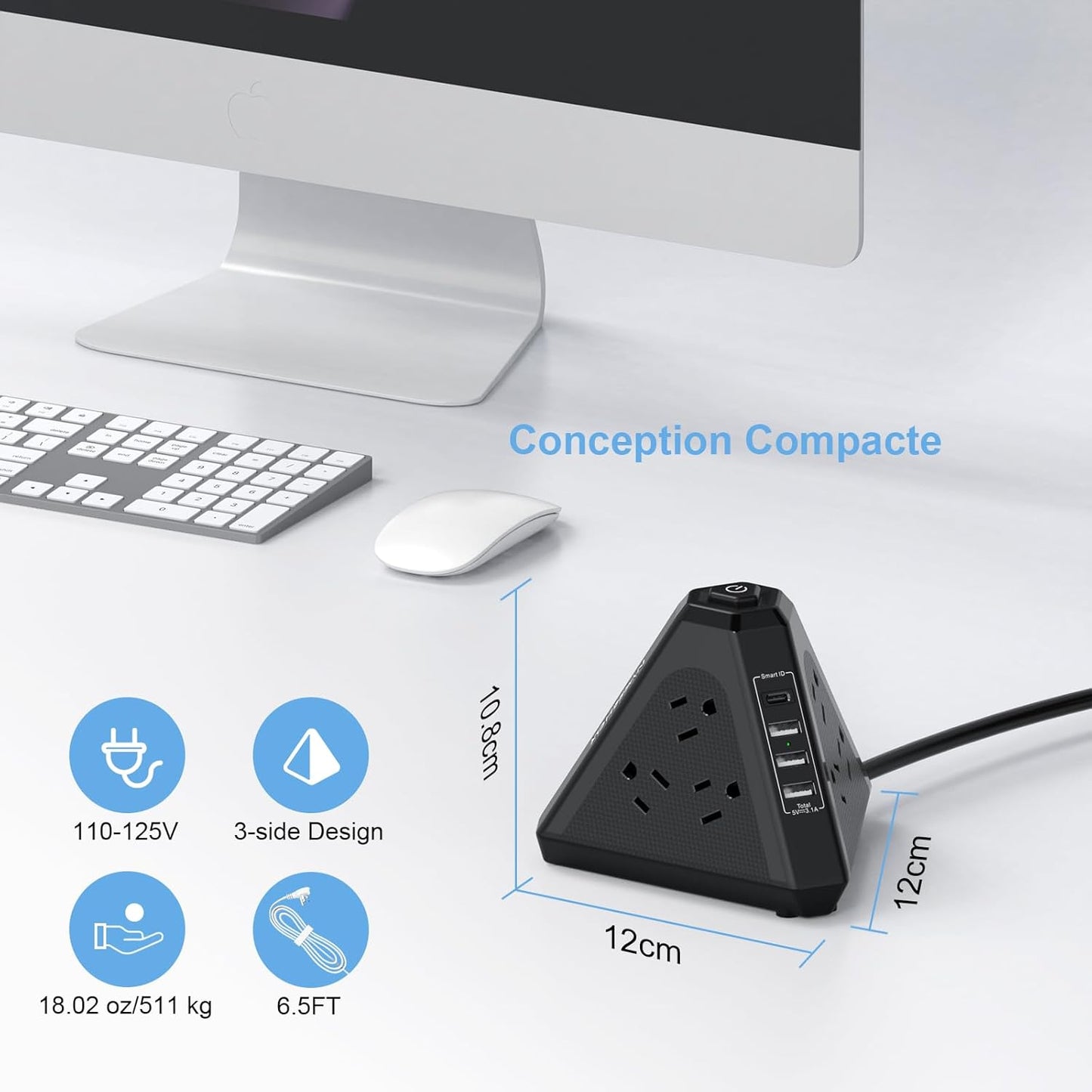 Tower Surge Protector Power Strip, NVEESHOX 9 AC Outlets with 4 USB Ports (1 USB C) 3-Side Triangle Outlets with USB Ports,6.5 Ft,Flat Plug, Charging Station with Surge Protection (Black+6.5 FT)