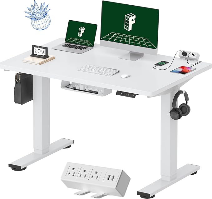 FLEXISPOT EN2 Whole-Piece Standing Desk with Clamp Power Strip, 48 x 30 Electric Stand Up Height Adjustable Desk with Cable Management (White Frame + 48" White Desktop, 2 Packages)