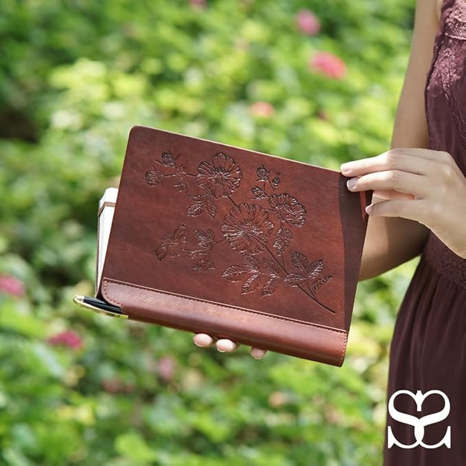 SETTINI® Lined Journal - Flower Journal for Writing Gift Set - Hardcover Vegan Leather, Includes Luxury Pen in a Unique Pen Holder, 192 Pages, 6 x 8.5 inches, Birthday Gifts for Women