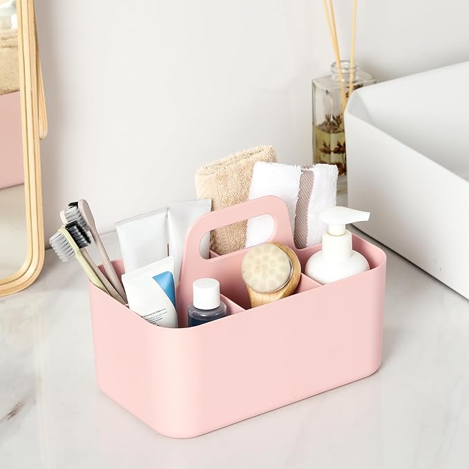 Multiuse Caddy Organizer with Handle - Stackable Plastic Tote Bin - Art Craft Supplies, Office, Desk, Stationery Pen Holder, Kitchen, Utensil, Makeup, Bathroom, Shower, Cleaning, Dorm Organizer - Pink