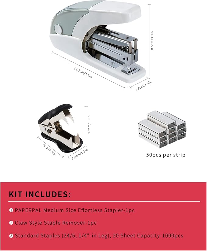 PAPERPAL Effortless Standard Stapler Set, 20 Sheet Capacity, Half Strip, Built-in Staples Storage, Holds 1/4" Staples, Includes 1000 Staples and A Staple Remover, Office, School & Personal Use, White