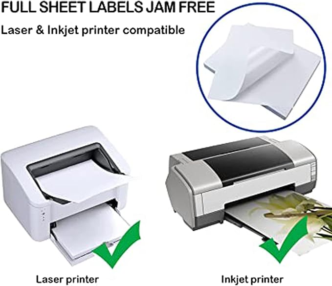 RBHK Sticker Paper, 8.5" x 11" Full Sheet Label Stickers Paper for Laser & Inkjet Printers (500 Sheets, 500 Labels)