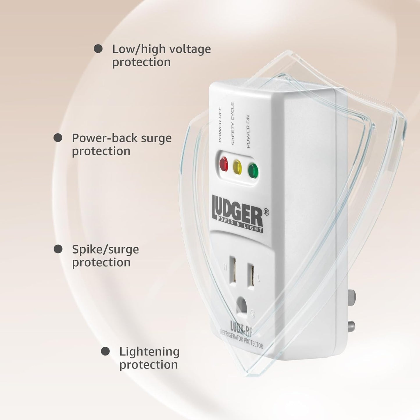 Ludger Power Surge Protector for Refrigerator (LUDX-RF), ETL Certified, Connects to Most Domestic Refrigerators, 4-Minute Safety Cycle, 3 Modes LED Indicator, Fire-Resistant Shell