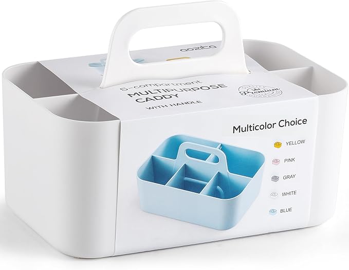 Multiuse Caddy Organizer with Handle - Stackable Plastic Tote Bin - Art Craft Supplies, Office, Desk, Stationery Pen Holder, Kitchen, Utensil, Makeup, Bathroom, Shower, Cleaning, Dorm Organizer -White