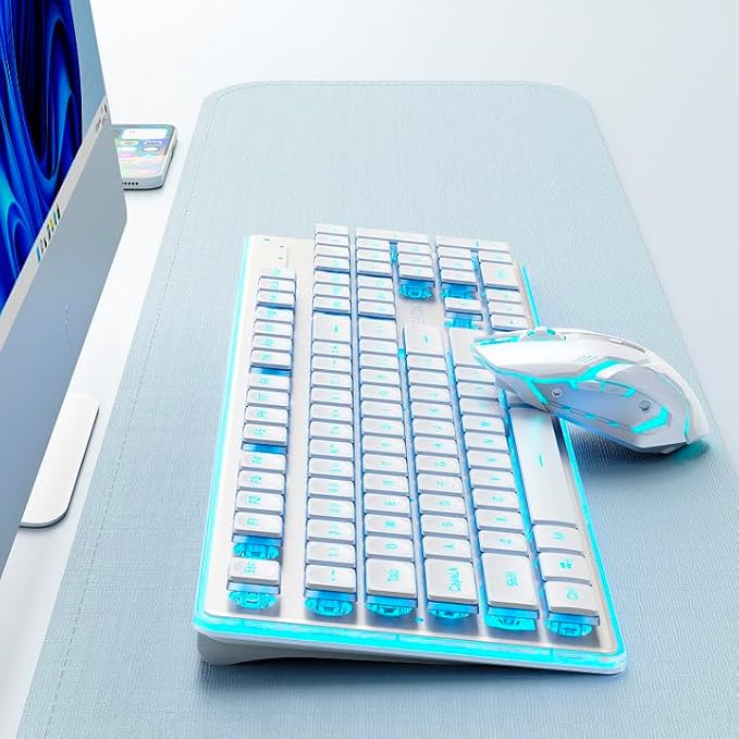 EWEADN V3 Wireless Keyboard and Mouse with Blue Backlit, Metal Panel, Bluetooth/2.4G Rechargeable Computer Keyboard and Mouse Combo Silent Lighted Full Size Cute Keyboards-White