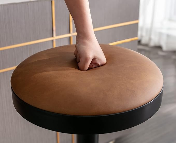 Round Swivel Counter Height Bar Stools Set of 3 Modern Adjustable Barstools Backless PU Leather Bar Chairs Industrial Island Chairs with Metal Base/Footrest for Kitchen Island/Pub/Bar, Brown