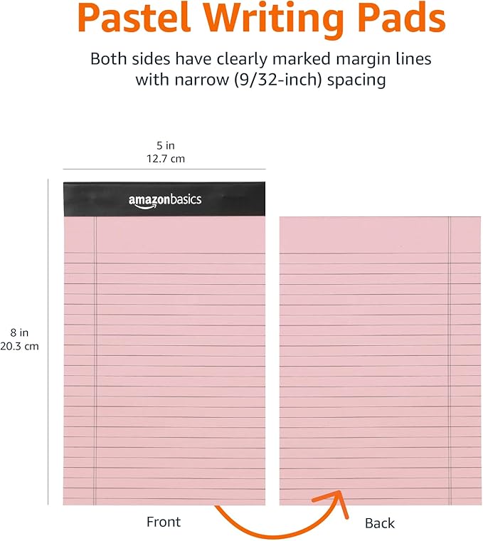 Amazon Basics Narrow Ruled 5-Inch by 8-Inch Lined Writing Note Pads, 6 Count (50 Sheet Pads), Multicolor