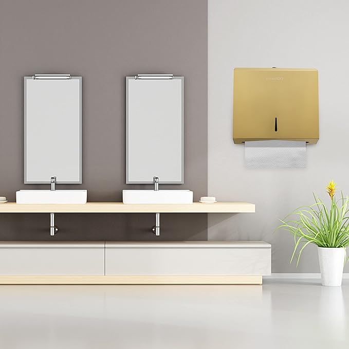 Commercial Paper Towel Dispenser Wall Mount, Tri-fold/Multi-fold/C-Fold Stainless Steel Paper Towel Holder Hand Towel Dispenser with Key (Gold)