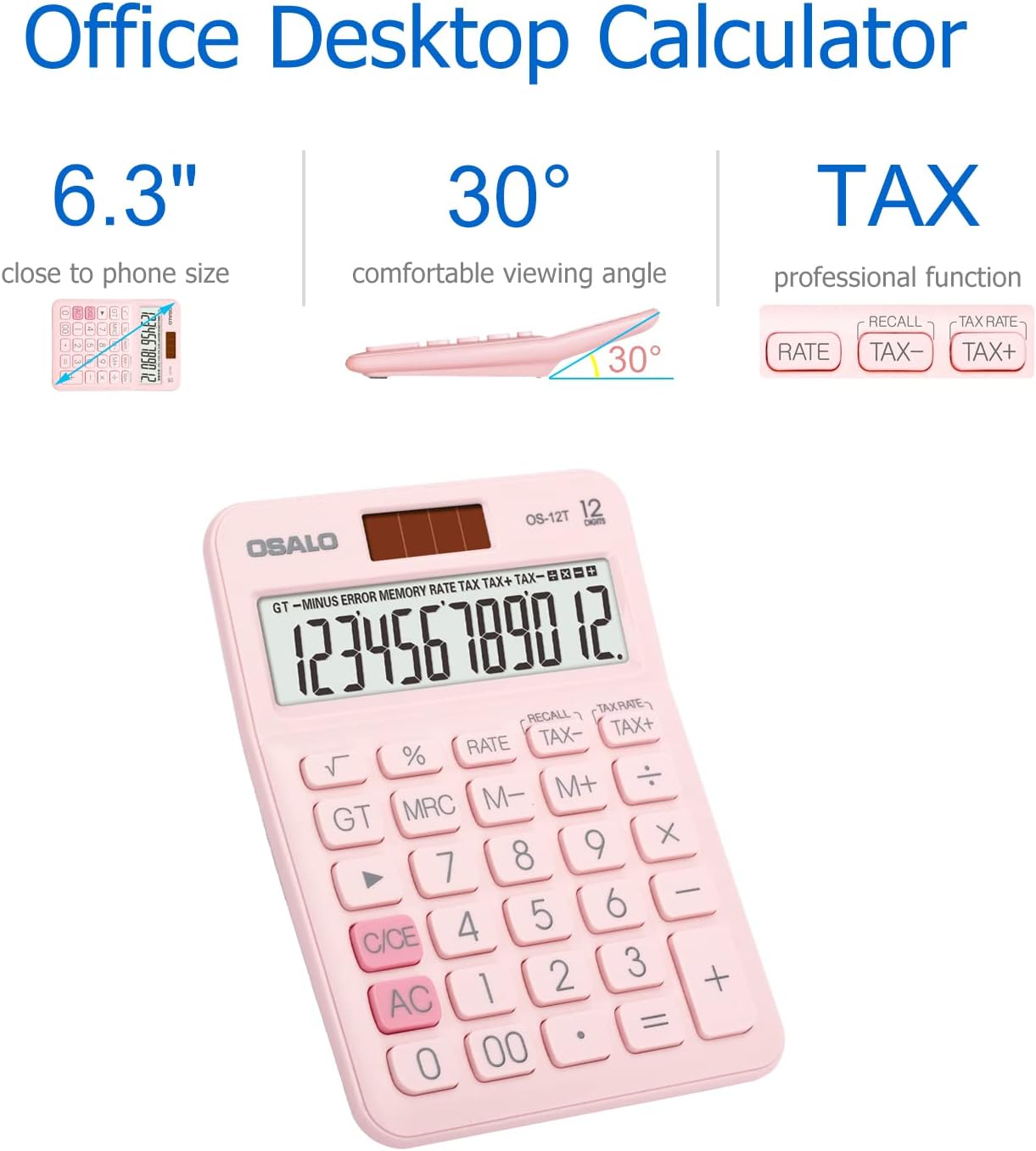 Pocket Small Size Desk Calculator, 12 Digit Large LCD Display, Basic Tax Function Handheld Desktop Calculator with Solar Battery Dual Power, Perfect for Office, School, Business OS-12T (Pink)