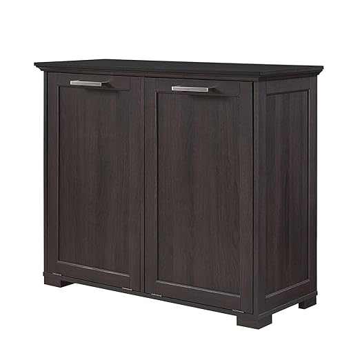 OLD CAPTAIN Double Tilt Out Trash Cabinet, Wooden Kitchen Garbage Can Free Standing Holder (Dark Brown+Black Top Panel)…
