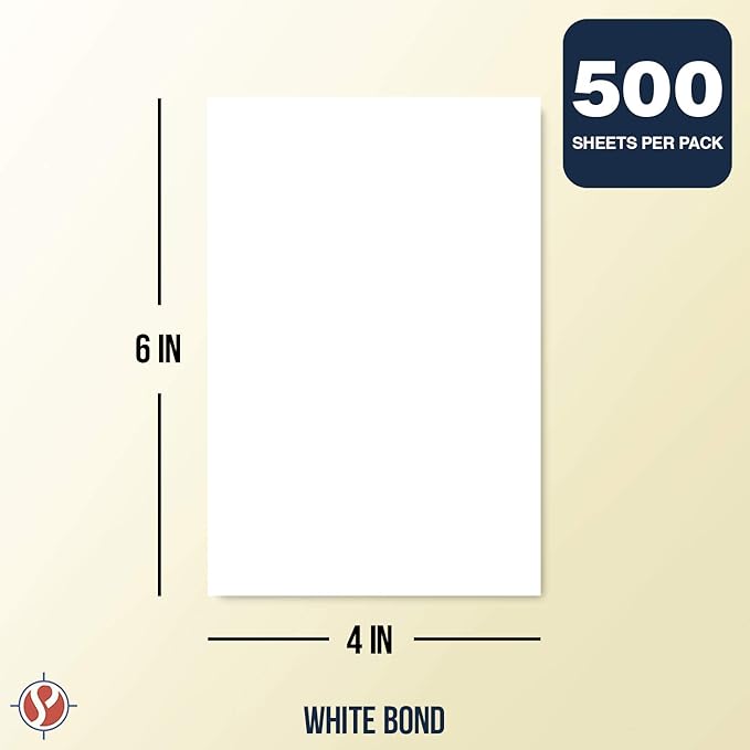 White Memo Sheets, 20lb Paper, 500 Sheets Per Pack (4 x 6)