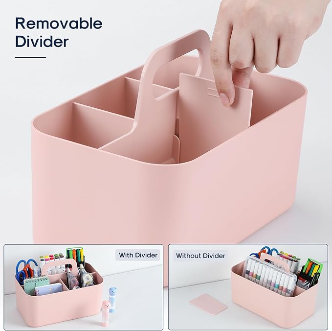 Multiuse Caddy Organizer with Handle - Stackable Plastic Tote Bin - Art Craft Supplies, Office, Desk, Stationery Pen Holder, Kitchen, Utensil, Makeup, Bathroom, Shower, Cleaning, Dorm Organizer - Pink