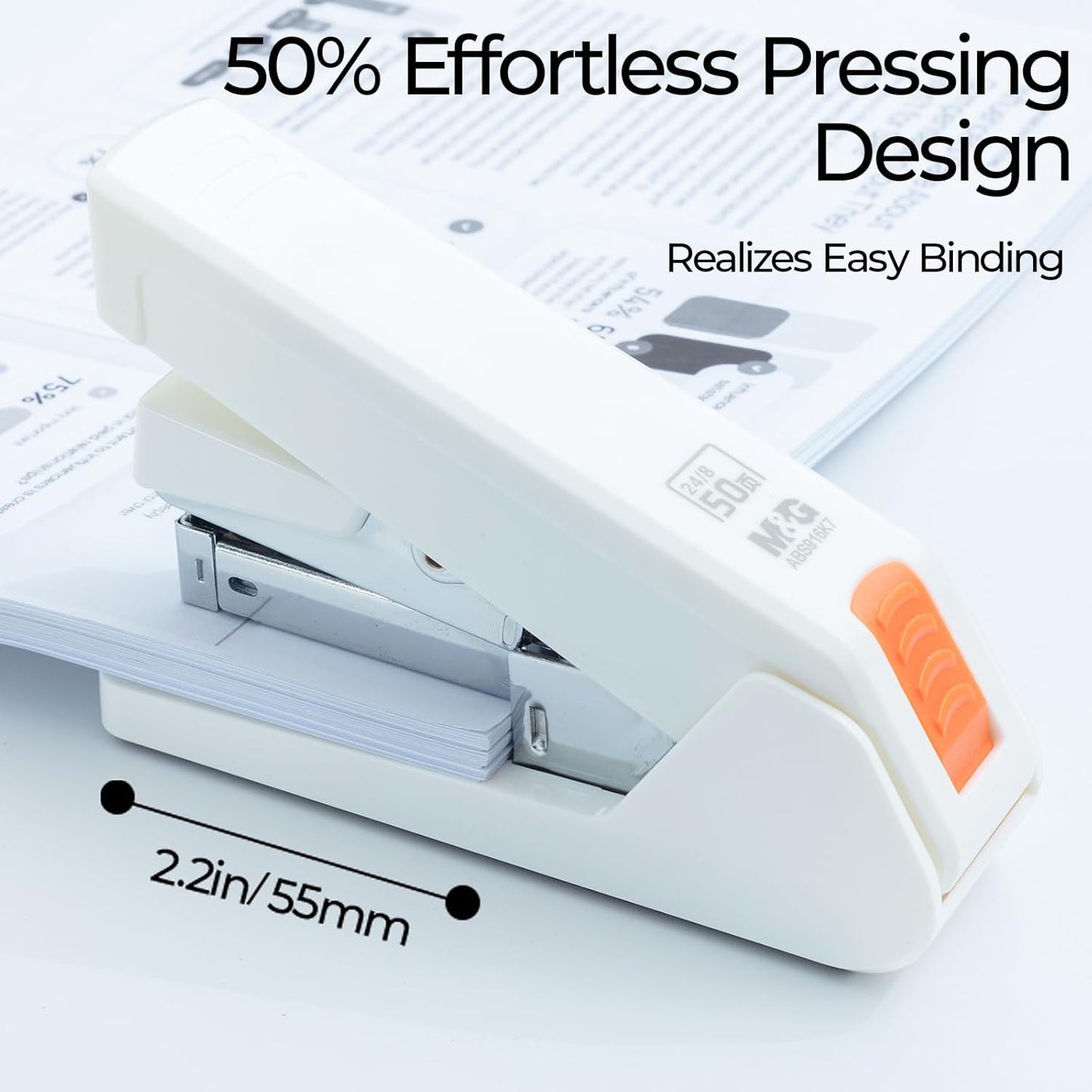 M&G Effortless Stapler 50 Sheet Capacity One-Touch Stapling, Heavy Duty Desktop Stapler Includes 1000 Staples and Remover, Portable Handheld Staplers for Home & Office (White)