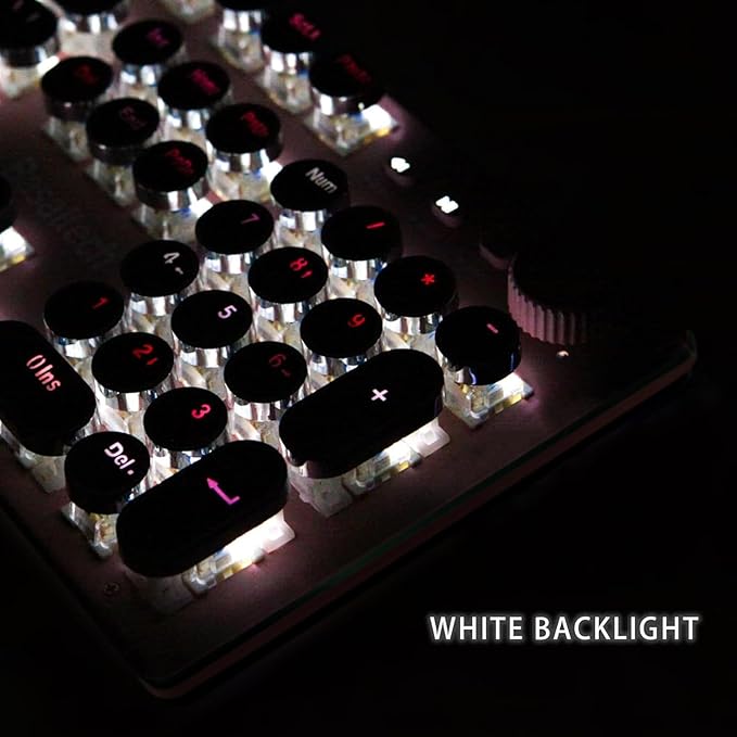 Basaltech Pink Keyboard Typewriter Style with White LED Backlight,Vintage Mechanical Gaming Keyboards with Lipstick Round Keycaps, Blue Switches 104-Keys Wired Keyboard Metal Panel for Laptop/pc
