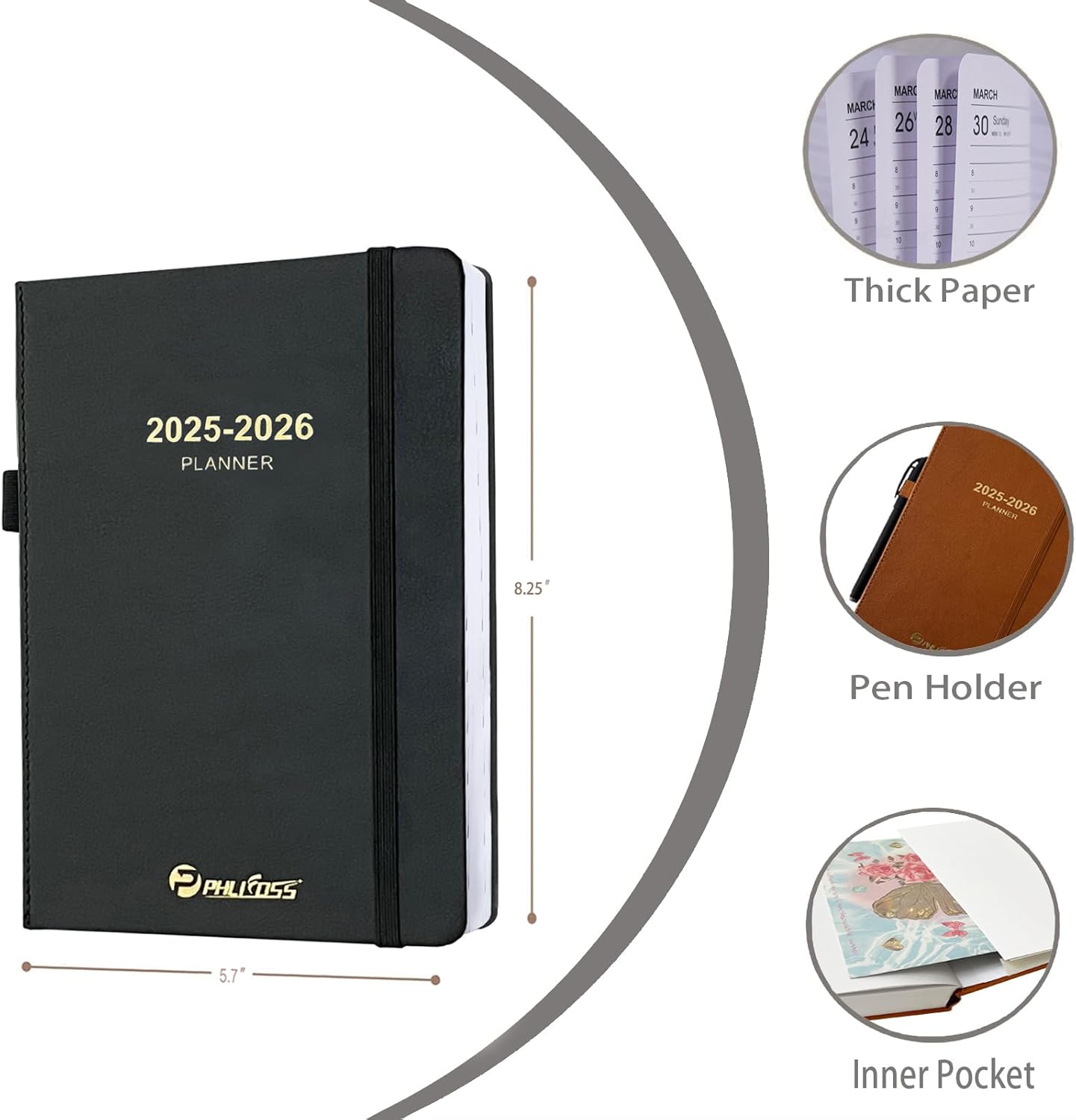 Daily Planner 2025-2026, One Page Per Day, Academic Calendar (July 2025 - June 2026), Appointment Book with Time Slots and Monthly Tabs, 5.7" x 8.25", Pocket, Leather Cove (Black)